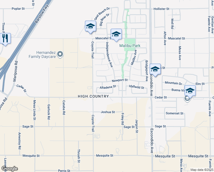 map of restaurants, bars, coffee shops, grocery stores, and more near 12988 Altadena Street in Hesperia