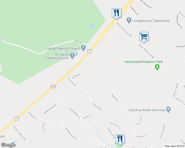 map of restaurants, bars, coffee shops, grocery stores, and more near 125 Azalea Drive in Hampstead