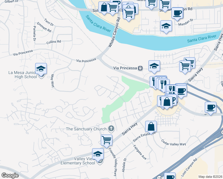 map of restaurants, bars, coffee shops, grocery stores, and more near 19335 Oak Crossing Road in Santa Clarita