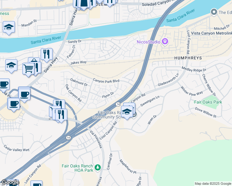 map of restaurants, bars, coffee shops, grocery stores, and more near 18032 Flynn Drive in Los Angeles County