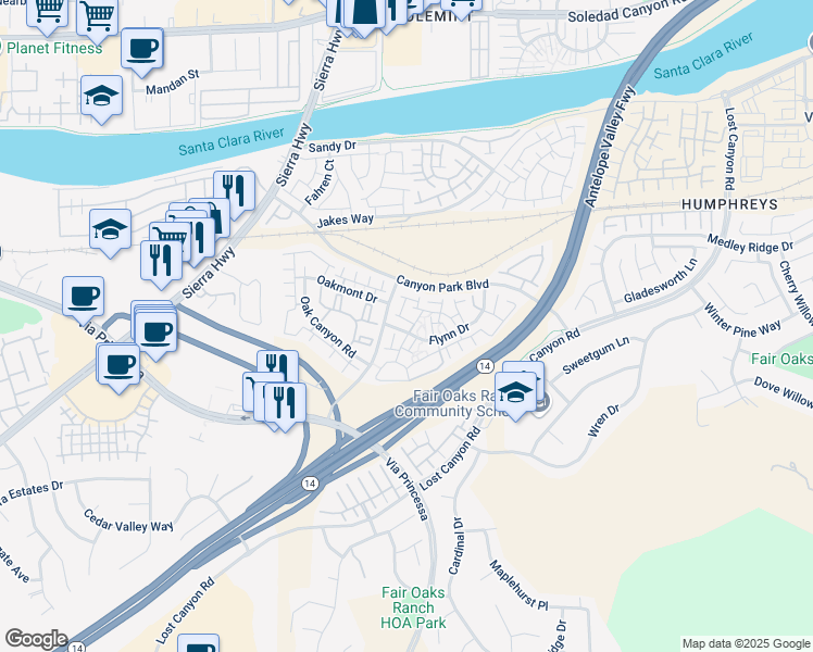 map of restaurants, bars, coffee shops, grocery stores, and more near 18141 Erik Court in Los Angeles County