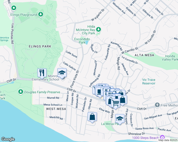 map of restaurants, bars, coffee shops, grocery stores, and more near 731 Litchfield Lane in Santa Barbara