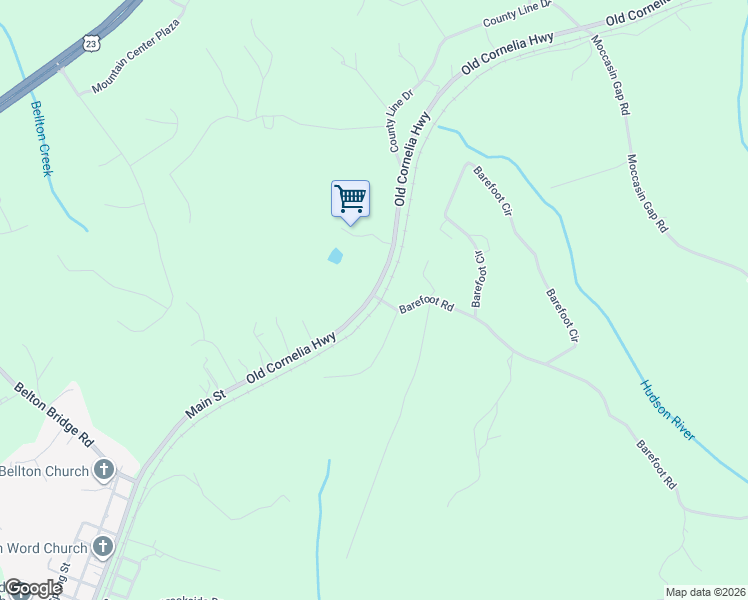 map of restaurants, bars, coffee shops, grocery stores, and more near Barefoot Road in Lula