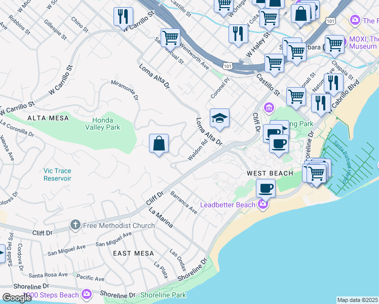 map of restaurants, bars, coffee shops, grocery stores, and more near 906 Weldon Road in Santa Barbara