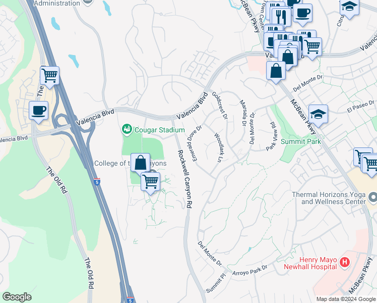 map of restaurants, bars, coffee shops, grocery stores, and more near 26433 Emerald Dove Drive in Santa Clarita