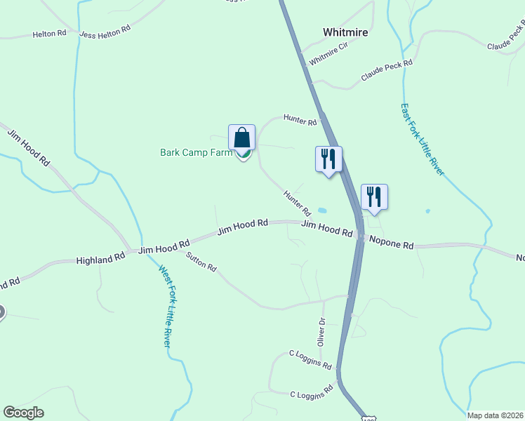 map of restaurants, bars, coffee shops, grocery stores, and more near 4246 Jim Hood Road in Gainesville