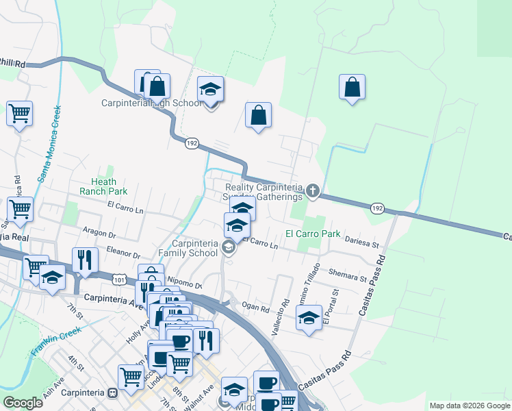 map of restaurants, bars, coffee shops, grocery stores, and more near 5081 Alvarado Road in Carpinteria