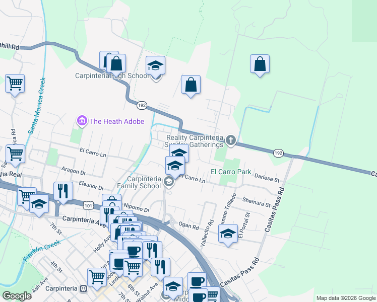 map of restaurants, bars, coffee shops, grocery stores, and more near 5081 Alvarado Road in Carpinteria