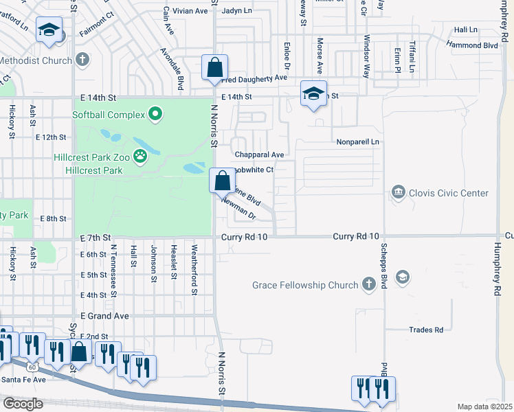 map of restaurants, bars, coffee shops, grocery stores, and more near 2336 Marlene Boulevard in Clovis