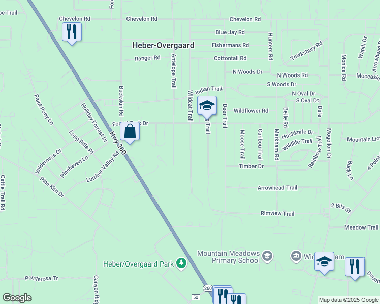 map of restaurants, bars, coffee shops, grocery stores, and more near 2869 Wildcat Trail in Heber-Overgaard