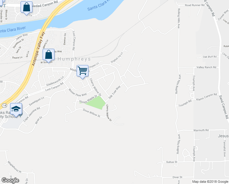 map of restaurants, bars, coffee shops, grocery stores, and more near Silk Tree Way in Los Angeles County