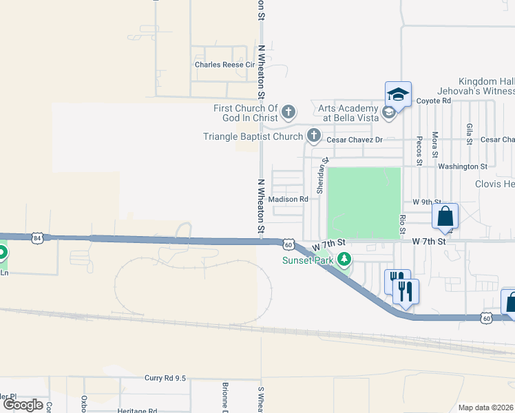 map of restaurants, bars, coffee shops, grocery stores, and more near 933 North Wheaton Street in Clovis