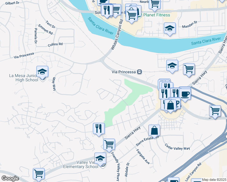 map of restaurants, bars, coffee shops, grocery stores, and more near 19320 Oak Plaza Court in Santa Clarita
