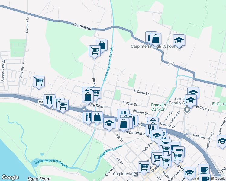 map of restaurants, bars, coffee shops, grocery stores, and more near 4495 El Carro Lane in Carpinteria