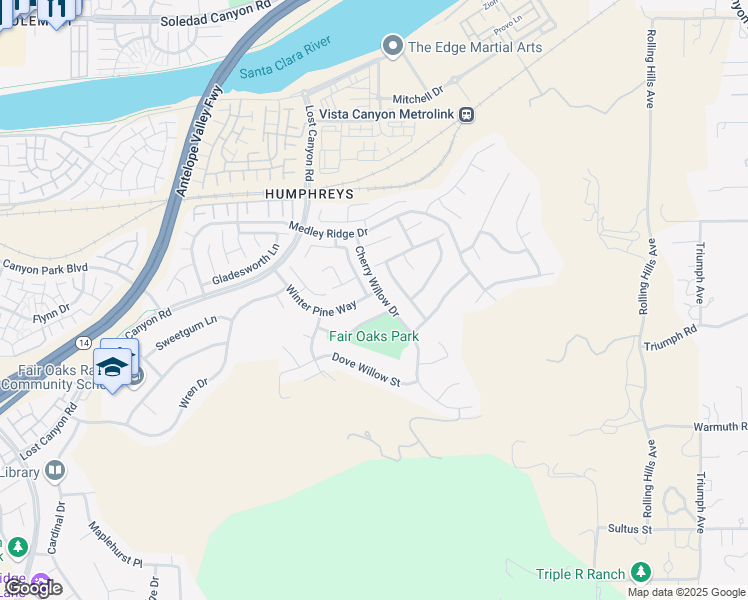 map of restaurants, bars, coffee shops, grocery stores, and more near 17408 Winter Pine Way in Santa Clarita