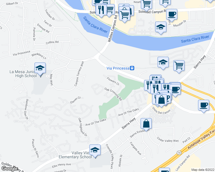 map of restaurants, bars, coffee shops, grocery stores, and more near 19320 Oak Plaza Court in Santa Clarita