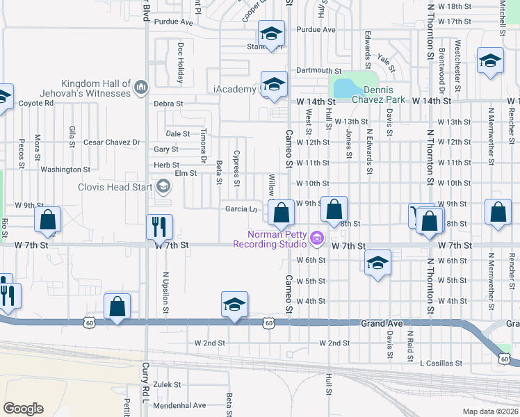 map of restaurants, bars, coffee shops, grocery stores, and more near 149 Cedar Street in Clovis
