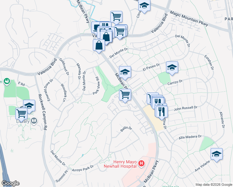 map of restaurants, bars, coffee shops, grocery stores, and more near 26117 McBean Parkway in Santa Clarita