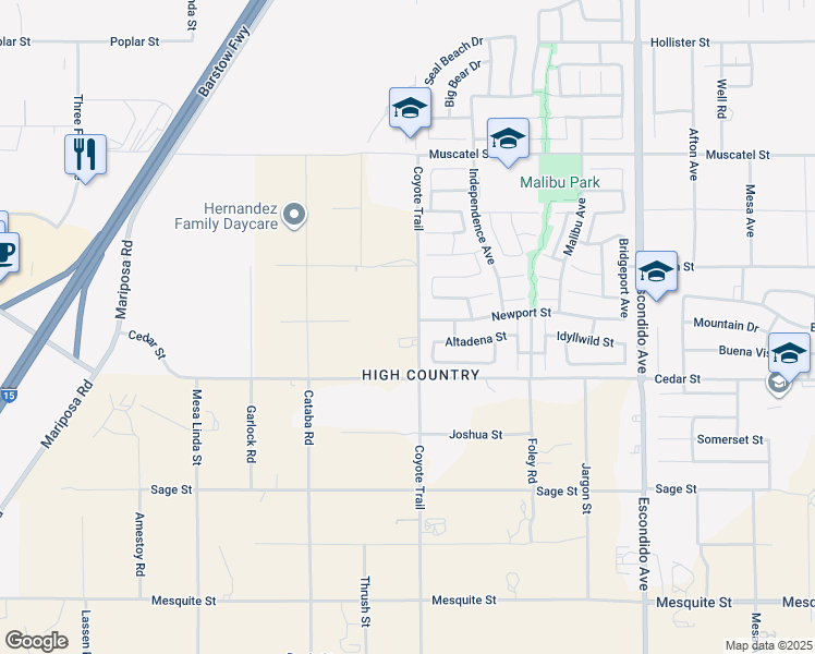 map of restaurants, bars, coffee shops, grocery stores, and more near 8572 Coyote Trail in Hesperia