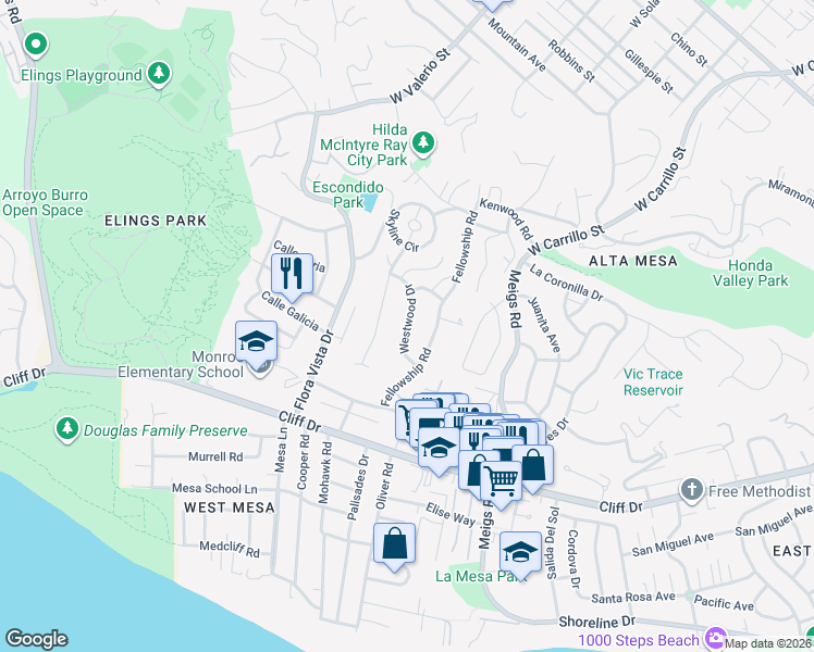 map of restaurants, bars, coffee shops, grocery stores, and more near Westwood Drive in Santa Barbara