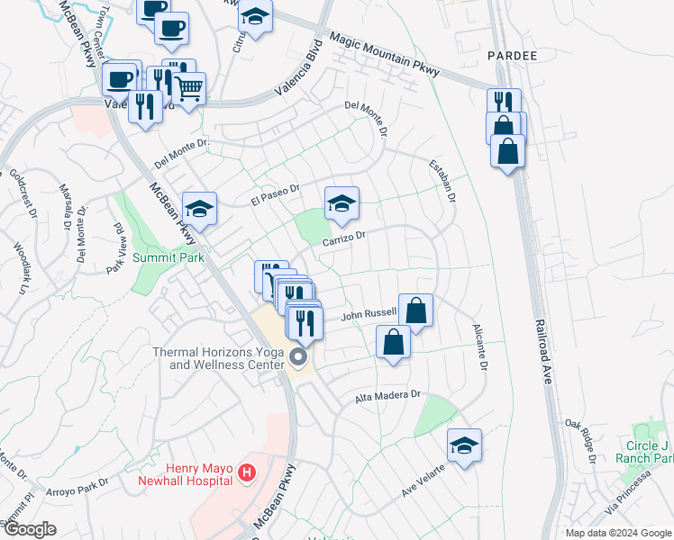 map of restaurants, bars, coffee shops, grocery stores, and more near 25902 Viejo Court in Santa Clarita