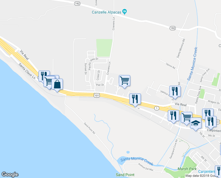 map of restaurants, bars, coffee shops, grocery stores, and more near 1222 Cravens Lane in Carpinteria