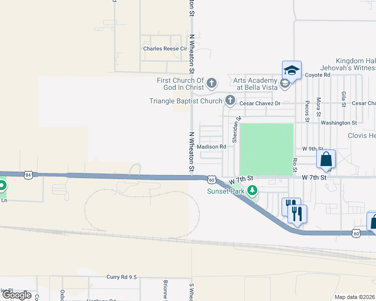 map of restaurants, bars, coffee shops, grocery stores, and more near 933 North Wheaton Street in Clovis