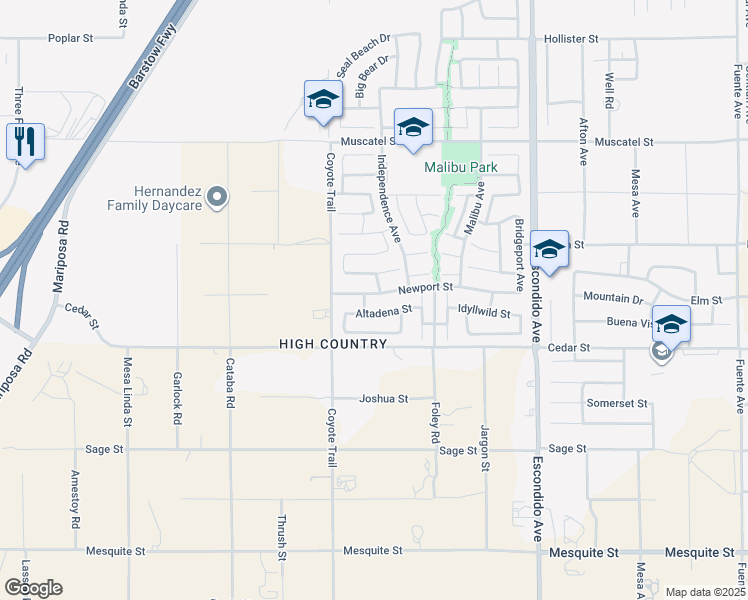map of restaurants, bars, coffee shops, grocery stores, and more near 12973 Newport Street in Hesperia