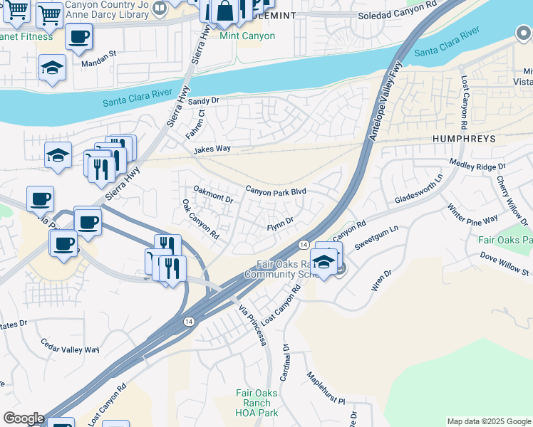 map of restaurants, bars, coffee shops, grocery stores, and more near 18112 Erik Court in Santa Clarita