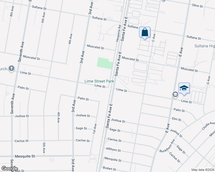 map of restaurants, bars, coffee shops, grocery stores, and more near 16292 Lime Street in Hesperia