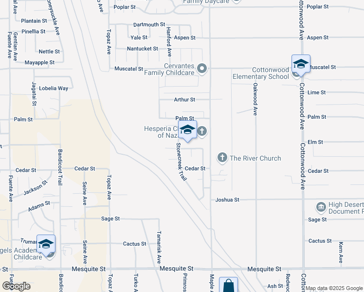 map of restaurants, bars, coffee shops, grocery stores, and more near 8593 Stone Creek Trail in Hesperia