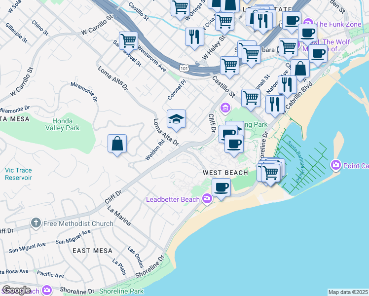 map of restaurants, bars, coffee shops, grocery stores, and more near in Santa Barbara