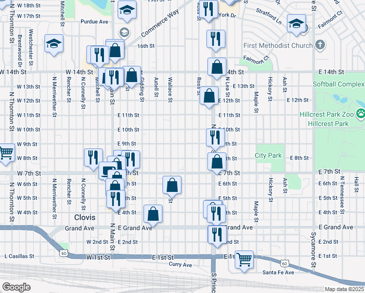 map of restaurants, bars, coffee shops, grocery stores, and more near 820 Sheldon Street in Clovis