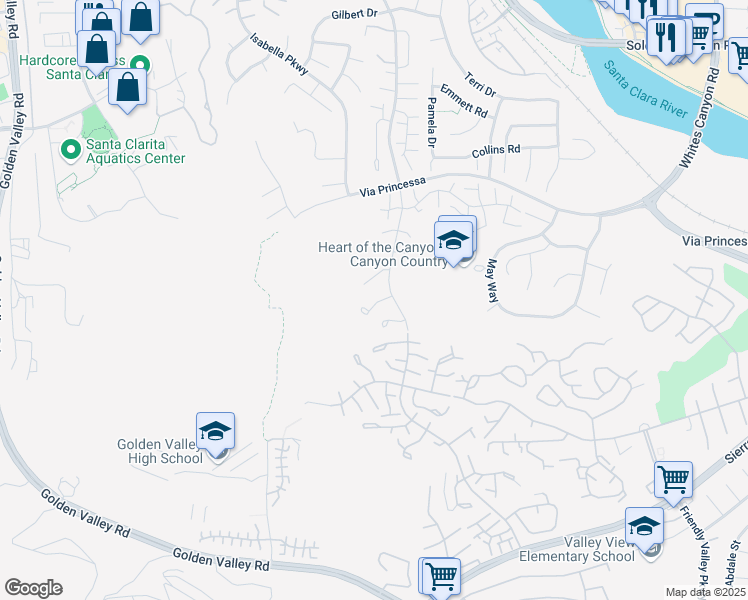 map of restaurants, bars, coffee shops, grocery stores, and more near 20009 Tanager Court in Santa Clarita