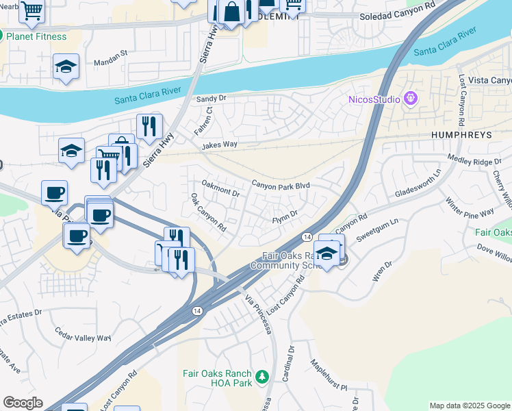 map of restaurants, bars, coffee shops, grocery stores, and more near in Santa Clarita