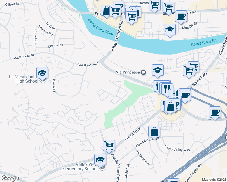 map of restaurants, bars, coffee shops, grocery stores, and more near 19337 Oak Plaza Court in Santa Clarita