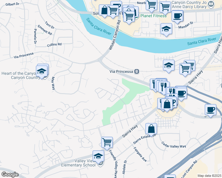 map of restaurants, bars, coffee shops, grocery stores, and more near 19324 Flowers Court in Santa Clarita