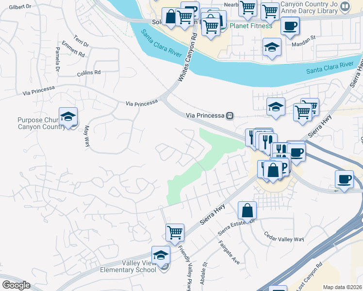 map of restaurants, bars, coffee shops, grocery stores, and more near 19320 Oak Plaza Court in Santa Clarita