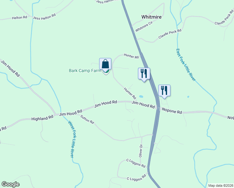 map of restaurants, bars, coffee shops, grocery stores, and more near 4246 Jim Hood Road in Gainesville