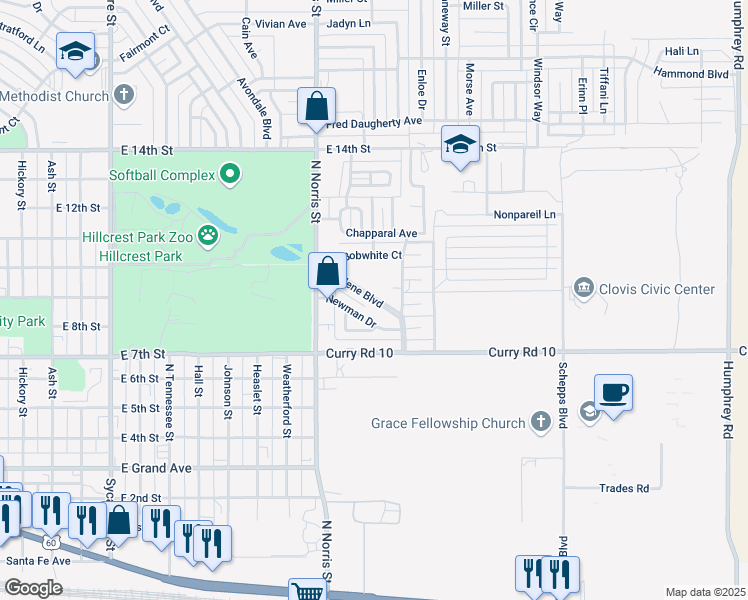 map of restaurants, bars, coffee shops, grocery stores, and more near 2336 Marlene Boulevard in Clovis