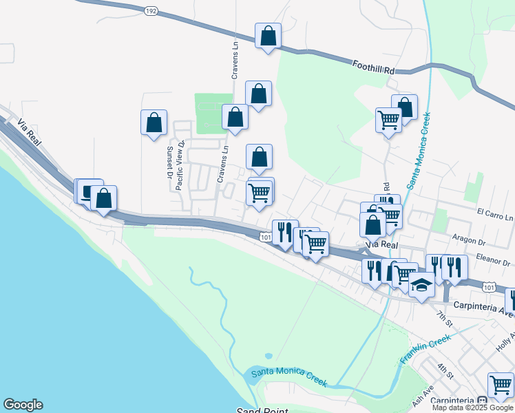map of restaurants, bars, coffee shops, grocery stores, and more near 1260 Franciscan Court in Carpinteria