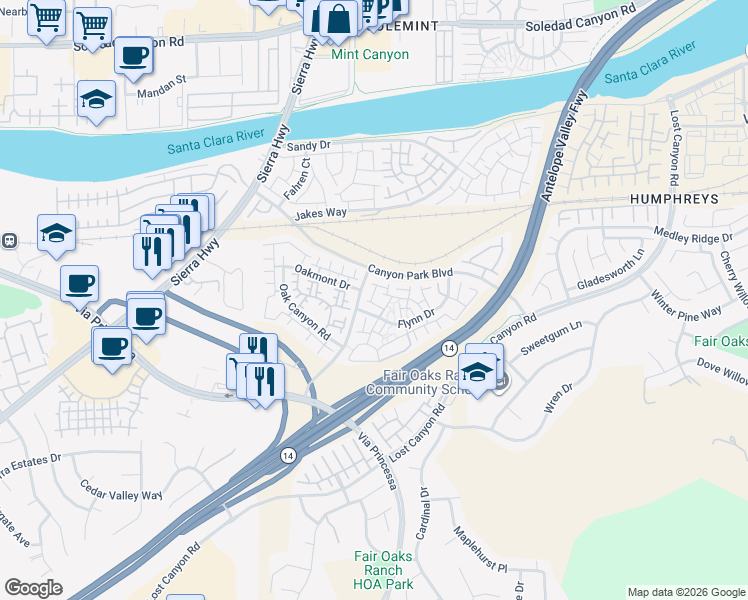map of restaurants, bars, coffee shops, grocery stores, and more near 18213 Flynn Drive in Santa Clarita