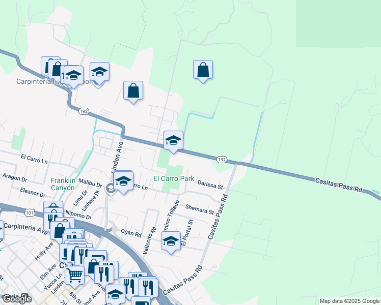map of restaurants, bars, coffee shops, grocery stores, and more near 5366 Foothill Road in Carpinteria