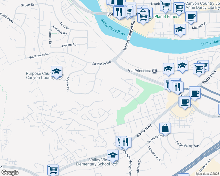 map of restaurants, bars, coffee shops, grocery stores, and more near 26747 Oak Crossing Road in Santa Clarita