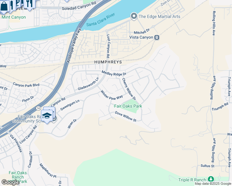 map of restaurants, bars, coffee shops, grocery stores, and more near 17430 Dusty Willow Court in Santa Clarita