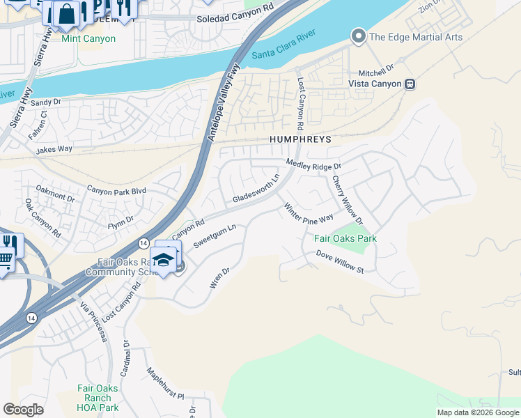 map of restaurants, bars, coffee shops, grocery stores, and more near 17633 Wren Drive in Santa Clarita