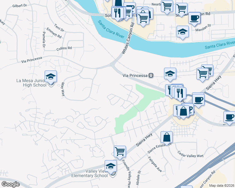 map of restaurants, bars, coffee shops, grocery stores, and more near 26737 Oak Crossing Road in Santa Clarita