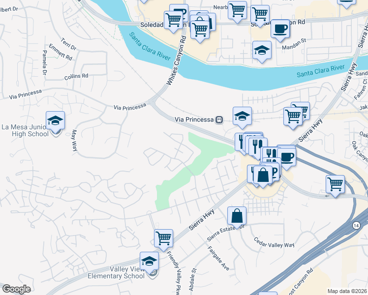 map of restaurants, bars, coffee shops, grocery stores, and more near 19318 Flowers Court in Santa Clarita