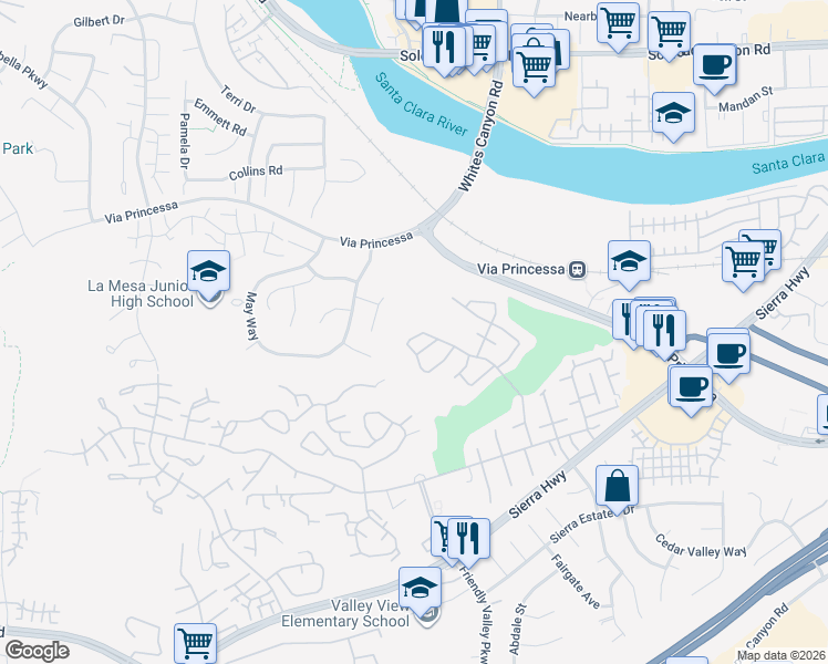 map of restaurants, bars, coffee shops, grocery stores, and more near 26747 Oak Crossing Road in Santa Clarita