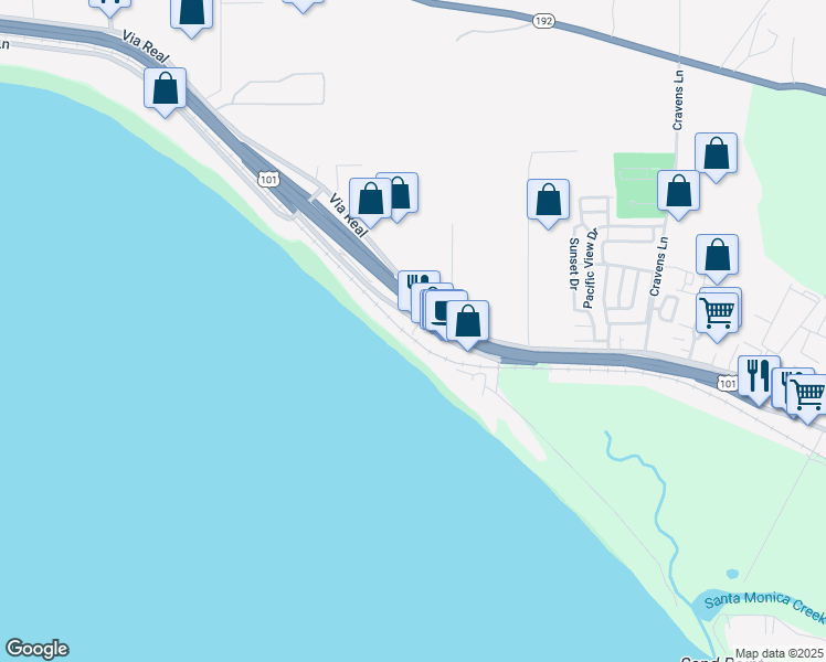 map of restaurants, bars, coffee shops, grocery stores, and more near 3765 Santa Claus Lane in Carpinteria